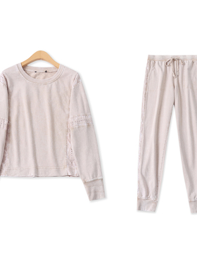 细毛圈棉休闲做旧套装  春秋新款外贸女套头上衣+松紧腰长裤33591