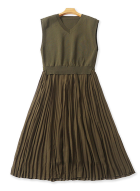 假两件连衣裙 秋季新款外贸女装针织马甲松紧腰雪纺百褶长裙32504