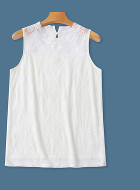 日单蕾丝无袖提花衫 夏季新款女装圆领后一粒扣套头纯色弹力32082