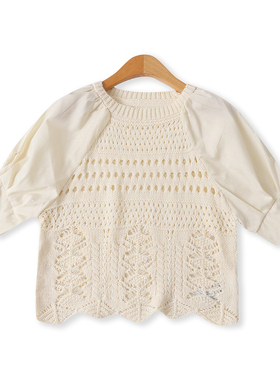 镂空拼接针织衫  秋季新款外贸女装圆领套头插肩短袖针织衫32791