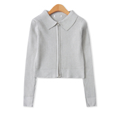 女装 春秋新款 时尚 翻领拉链长袖 坑条高弹毛衣33065 开衫 短款 毛衣