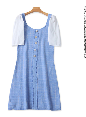 小香风假两件连衣裙 春秋新外贸女装法式领泡泡短袖套头短裙30550