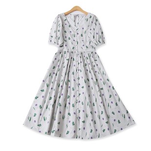 印花连衣裙  夏季新款外贸女装V领单排扣泡泡短袖A字中长裙32639