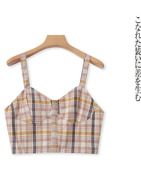 格子吊带衫 夏季新款外贸女装吊带松紧褶皱拼接短款露脐背心31534