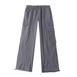 速干阔腿工装裤 春夏新款外贸女装松紧高腰拉链摁扣薄款长裤33011