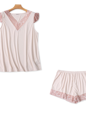 家居服睡衣套装 夏季新款外贸女装蕾丝拼V领背心+松紧腰短裤30978