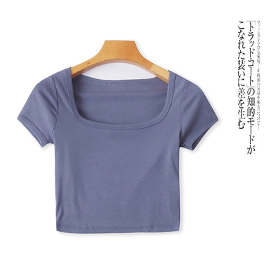 短款人棉T恤  夏季新外贸女装法式方领套头短袖纯色弹力显瘦32008