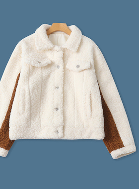 羊羔毛拼色加厚外套  冬季新款女装时尚通勤翻领单排扣长袖32422