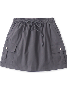 工装短半裙 夏季新款外贸女时尚松紧腰系带多口袋防走光短裙33009