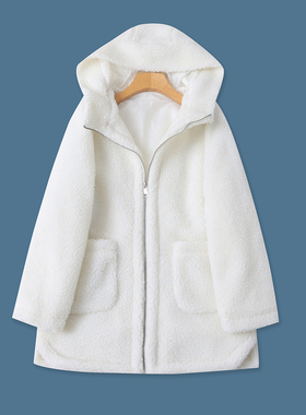 羊羔毛外套 冬季新款外贸女装连帽领拉链双口袋长袖中长外套33402