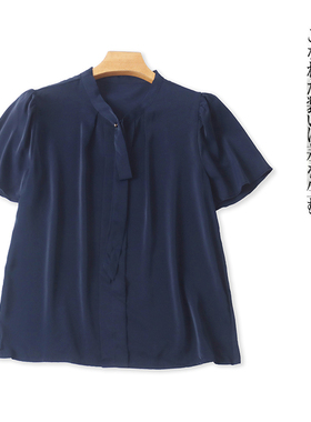 日单雪纺衫 夏季新款女装时尚减龄立领飘带套头短袖大码衬衫30980