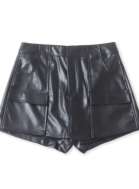 软皮裙短裤  春秋新款外贸女装时尚高腰拉链搭扣工装短裙裤33237