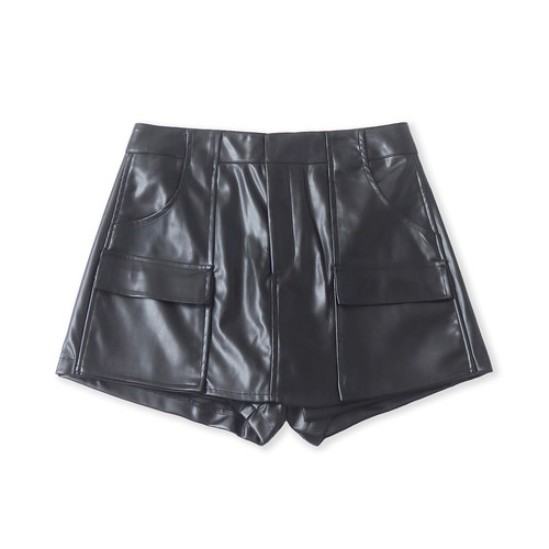 软皮裙短裤  春秋新款外贸女装时尚高腰拉链搭扣工装短裙裤33237