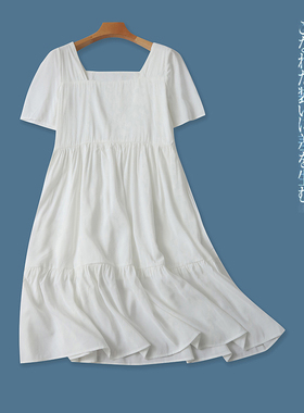 人棉连衣裙 夏新女装时尚法式方领套头泡泡短袖褶皱拼接中裙28761