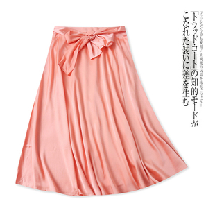 缎面仿真丝半身裙 春夏新外贸女装自然腰系带拉链大摆中长裙31077