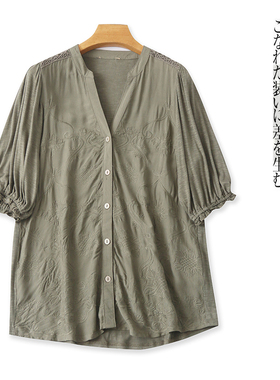 拼接刺绣小衫  春秋新外贸女装时尚V领单排扣泡泡五分袖上衣29027