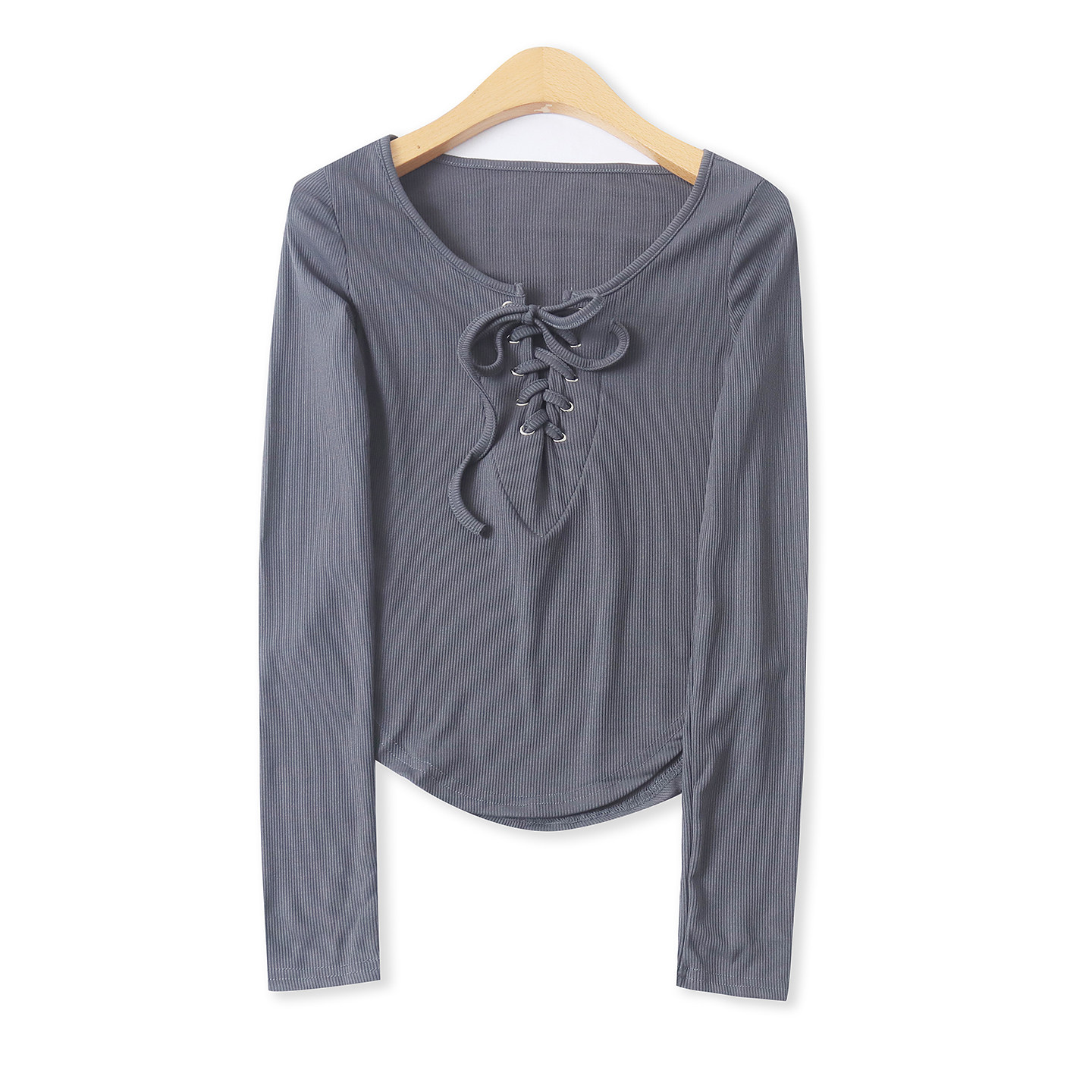 系带T恤 春秋新款女装时尚修身圆领交叉绑带套头长袖弹力T恤33617