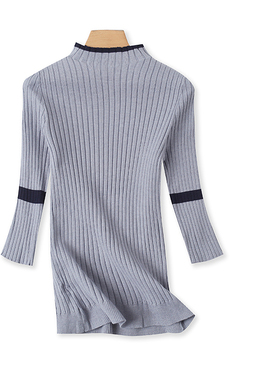 针织打底衫 春秋新外贸女装撞色半高领五分袖弹力坑条针织衫24770