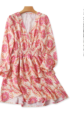 印花连衣裙  春夏新外贸女装时尚减龄交叉V领套头长袖蛋糕裙28132