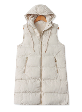 中长款棉马甲 冬季新款外贸女装连帽领拉链口袋修身保暖棉衣32996