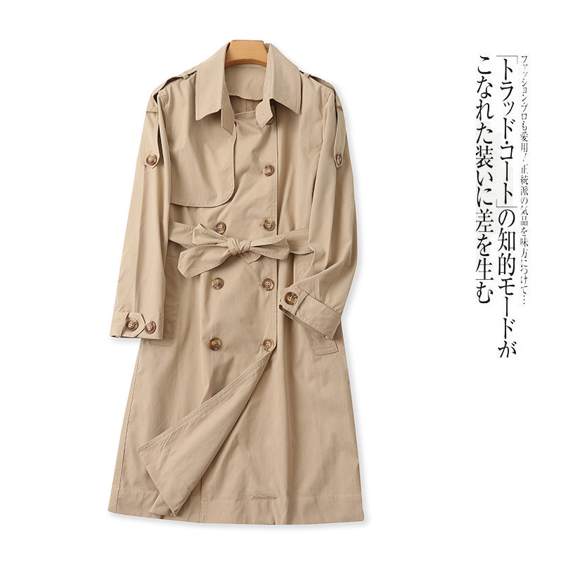 中长款风衣外套 秋新款外贸女装时尚翻领长袖双排扣口袋上衣33300