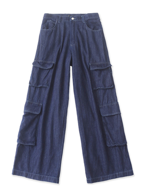 日单牛仔阔腿工装裤  春秋新款外贸女高腰拉链纽扣休闲长裤33169
