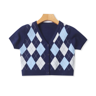 短袖针织开衫毛衣 春夏新款外贸女装时尚修身V领单排扣短款32920