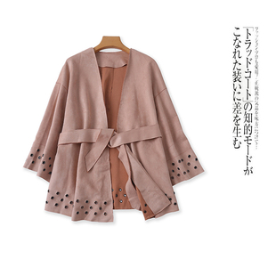 V领无扣长袖 外贸女装 系带腰金属扣镂空33292 春秋新款 麂皮绒外套