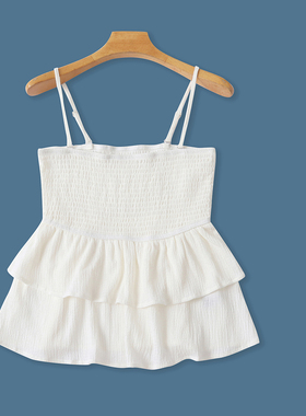 肌理感吊带衫 夏季新款外贸女装吊带可调节松紧褶皱拼荷叶边32337