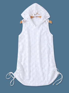 叠穿透视罩衫背心 夏秋新款外贸女装连帽领套头无袖中长上衣32722