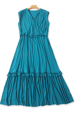 竹纤维无袖连衣裙  夏季新外贸女V领套头松紧腰木耳边中长裙32429