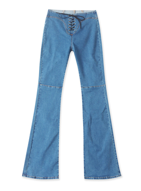 微喇牛仔裤  春秋新款女装时尚修身自然腰交叉系带弹力显瘦33001