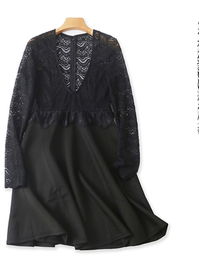 蕾丝拼接连衣裙  夏新款外贸女装时尚修身V领套头长袖连衣裙28575