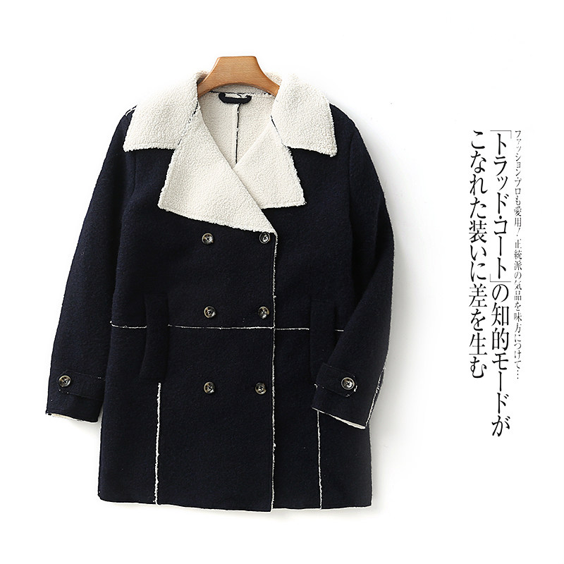 一体绒毛呢外套 冬新外贸女装翻领长袖双排扣羊羔绒中长大衣32945