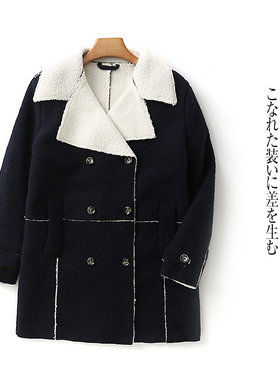 一体绒毛呢外套 冬新外贸女装翻领长袖双排扣羊羔绒中长大衣32945