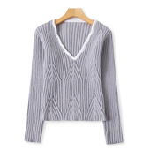 秋季 V领套头长袖 新款 百搭修身 显瘦毛衣32585 外贸女时尚 拼色毛衣