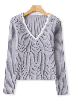 拼色毛衣  秋季新款外贸女时尚百搭修身V领套头长袖显瘦毛衣32585