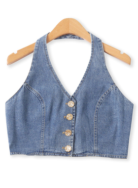 挂脖牛仔背心 夏季新款外贸女装时尚修身挂脖单排扣露肩马甲32849