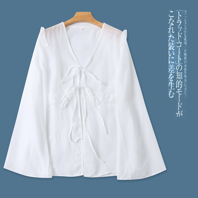 雪纺透视罩衫V领系带喇叭袖