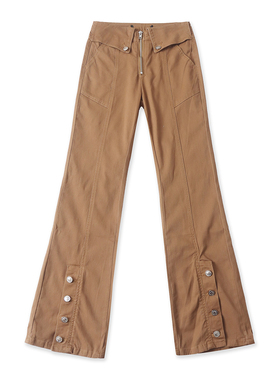 牛仔棉喇叭裤 春秋新款女自然腰拉链明线装饰纽扣开叉喇叭裤32967