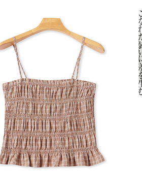 棉纱褶皱吊带衫 夏新款外贸女装时尚吊带可调节抹胸撞色格子31506