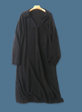 中长款大码毛衣裙 春秋新款女装韩版宽松翻+V领套头长袖开叉27979