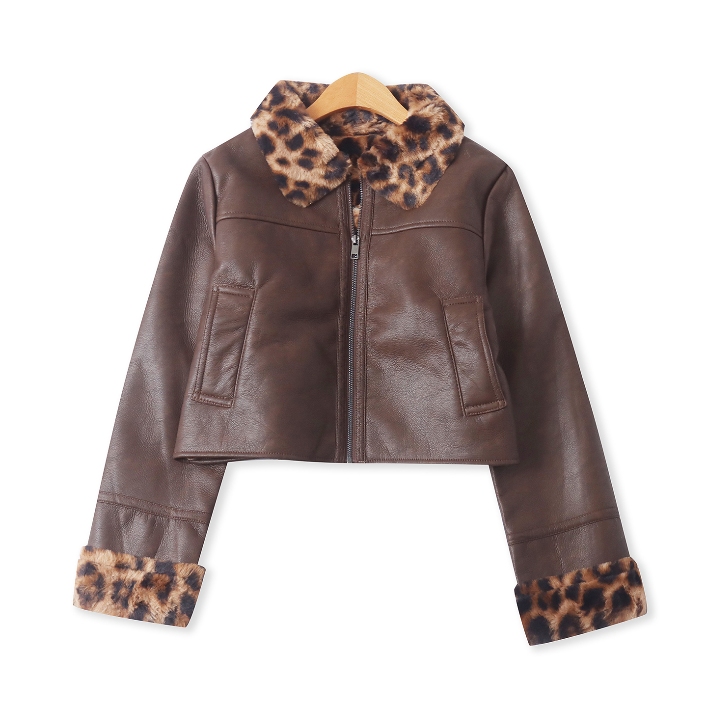 pu皮仿皮草一体外套 冬季新款外贸女时尚翻领拉链长袖豹纹拼33110