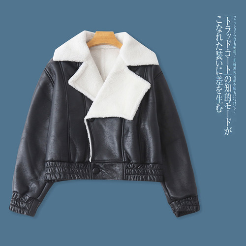 pu皮羊羔毛一体夹克 冬季新外贸女装翻领两粒扣长袖防风保暖32348