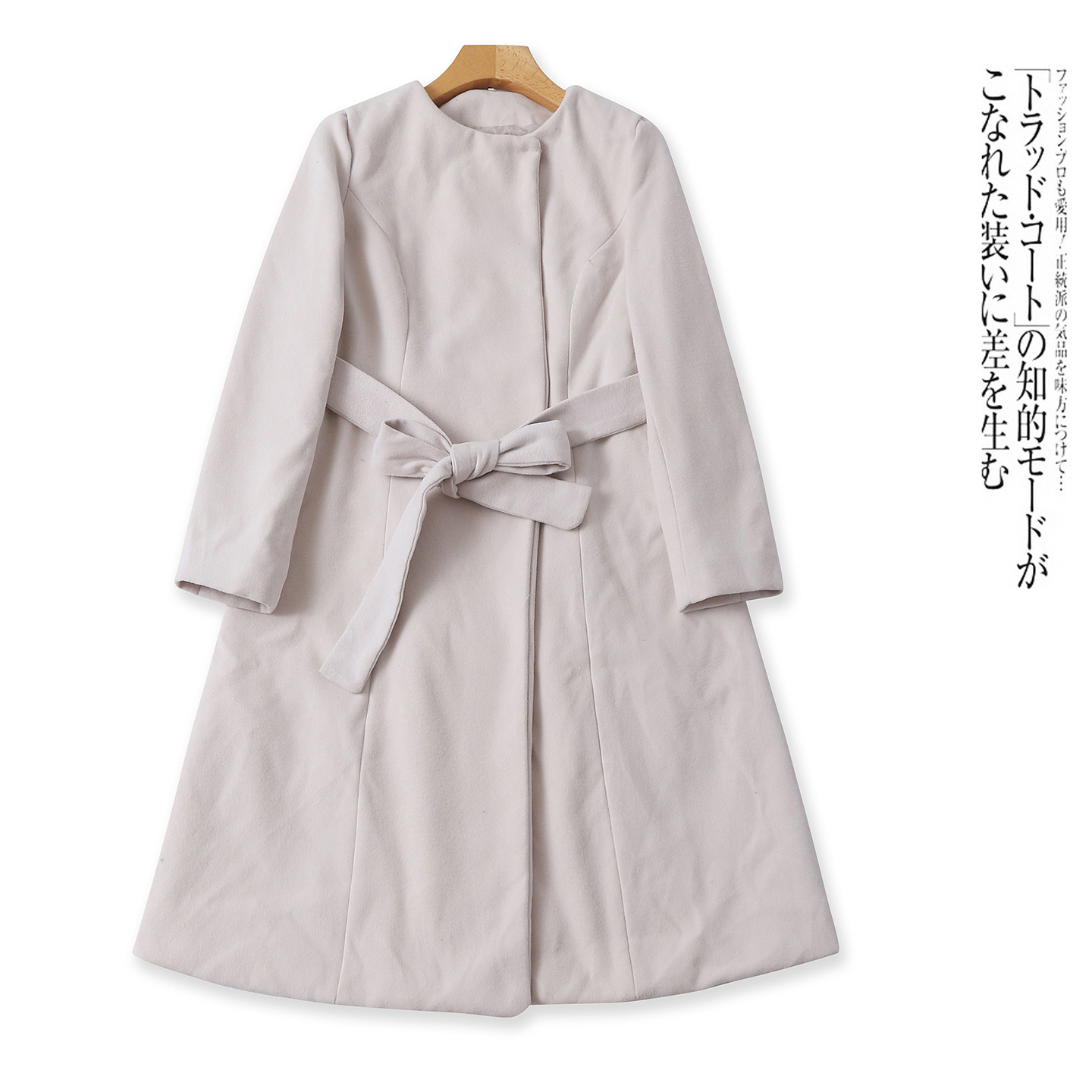 日单毛呢大衣 秋冬新款女装圆领暗扣系带腰长袖中长款呢外套32402