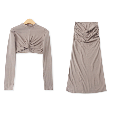 时尚套装  纽结长袖T恤+松紧腰半身裙 春秋新款女装人棉弹力33601