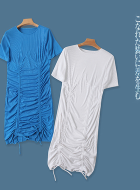 针织连衣裙 夏季新款外贸女装圆领短袖抽绳系带纯色包臀中裙31262