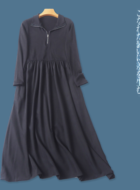 针织拼接连衣裙 春秋新外贸女装半开领套头长袖拼接显瘦长裙30902