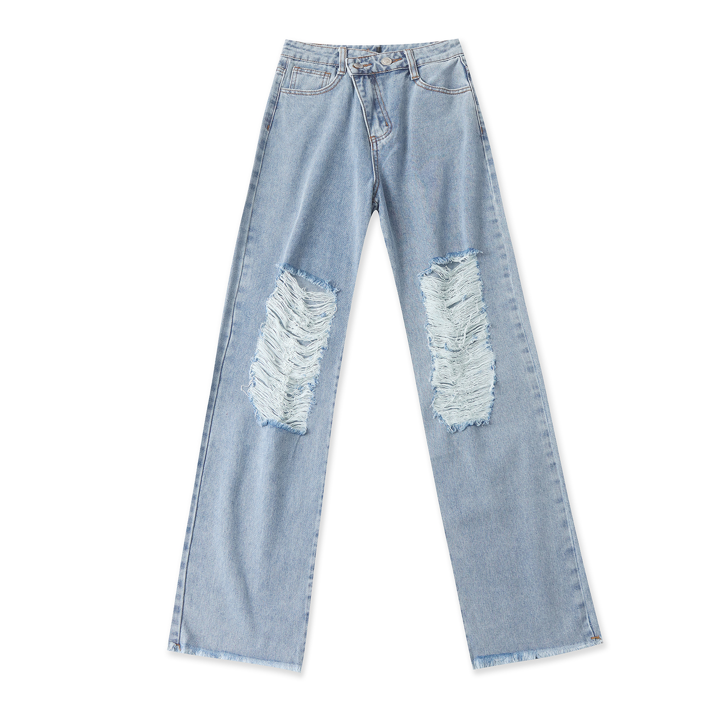 破洞阔腿牛仔裤 春秋新款外贸女装时尚高腰拉链纽扣直筒长裤32985