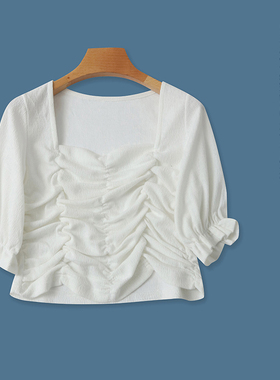 褶皱短款小衫  春夏新款女装时尚减龄方领套头短袖露脐小衫28631